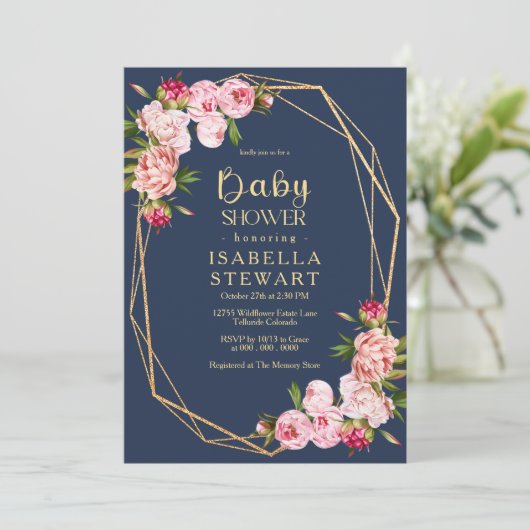 赤面ピンク幾何王室のブルーネイビーベイビーシャワー 招待状 (スタンド正面)