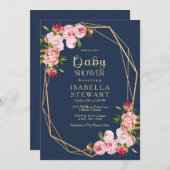赤面ピンク幾何王室のブルーネイビーベイビーシャワー 招待状 (正面/裏面)