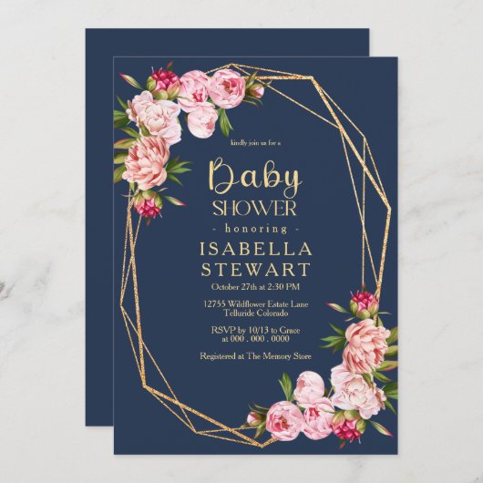 赤面ピンク幾何王室のブルーネイビーベイビーシャワー 招待状 (正面/裏面)