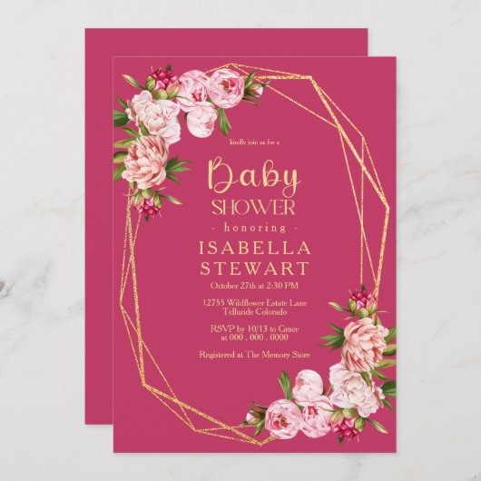 赤面ピンク幾何王室のホットピンク赤ちゃんシャワー 招待状 (正面/裏面)