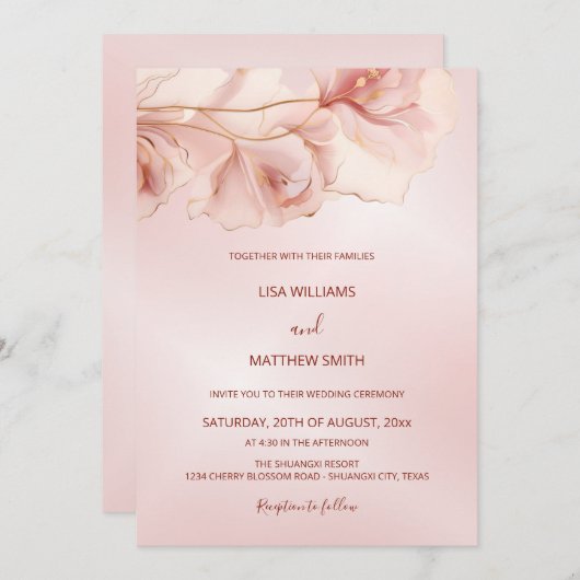 赤面ピンク抽象芸術フラワーフォト結婚ズ 招待状 (正面/裏面)
