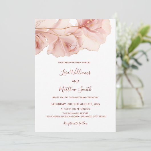 赤面ピンク抽象芸術フラワーフォト結婚ズ 招待状 (スタンド正面)