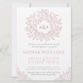 赤面ピンク描の葉モノグラムのカップルのシャワー 招待状 (正面)