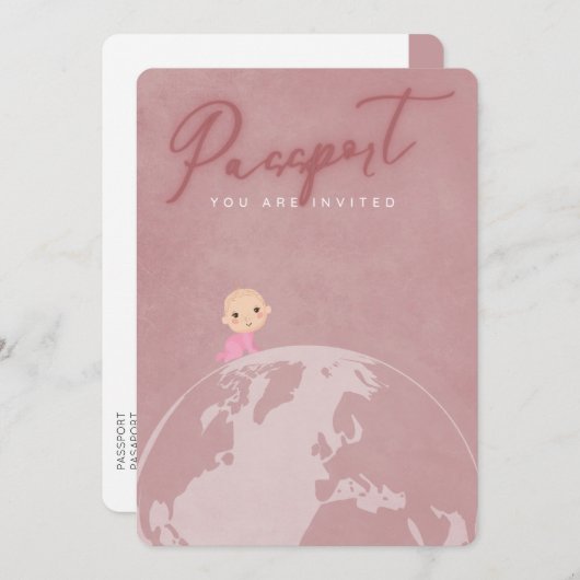 赤面ピンク旅行パスポートガールベビーシャワー 招待状 (正面/裏面)
