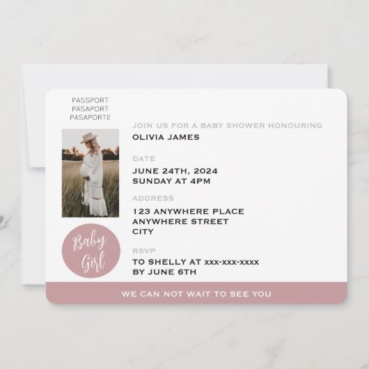 赤面ピンク旅行パスポートガールベビーシャワー 招待状 (裏面)