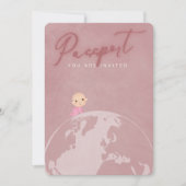 赤面ピンク旅行パスポートガールベビーシャワー 招待状 (正面)