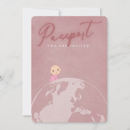 赤面ピンク旅行パスポートガールベビーシャワー 招待状 (正面)