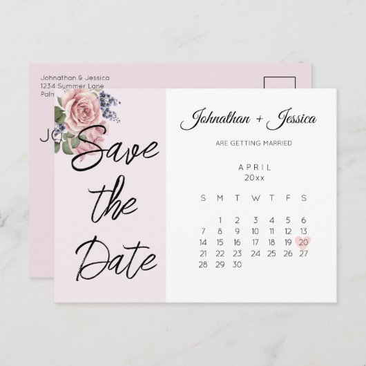 赤面ピンク日付写真カレンダーはがきを保存 ポストカード (正面/裏面)