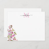 赤面ピンク春フローラさくらんぼフラスモノグラム ノートカード (正面/裏面)