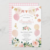赤面ピンク春フローラガールバースデーパーティー 招待状 (正面/裏面)