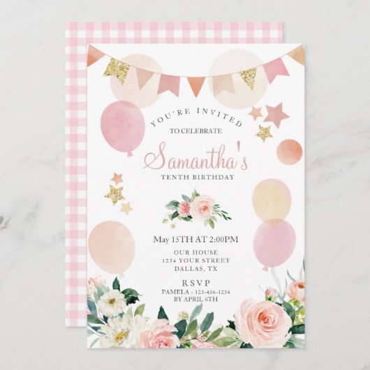 赤面ピンク春フローラガールバースデーパーティー 招待状 (正面/裏面)