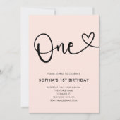 赤面ピンク書道ハート1歳 招待状 (正面)