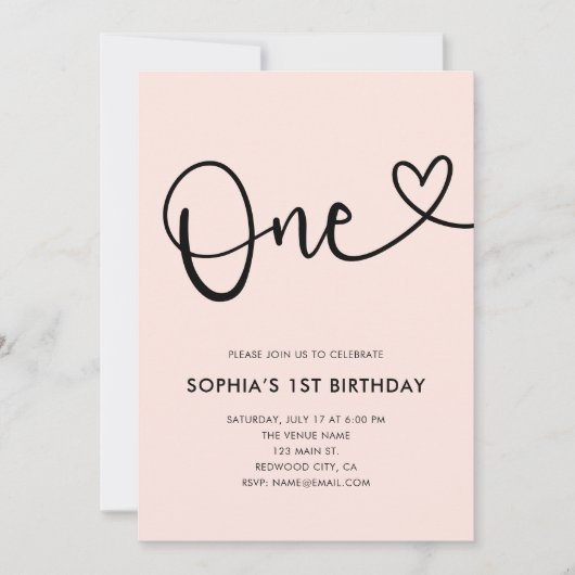 赤面ピンク書道ハート1歳 招待状 (正面)