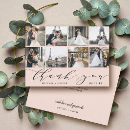 赤面ピンク書道台本フォトコラージュ サンキューカード