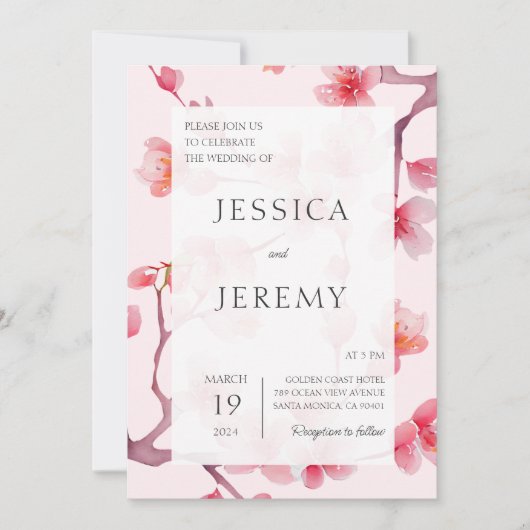 赤面ピンク桜日本のさくらんぼブロッサム結婚ズ 招待状 (正面)