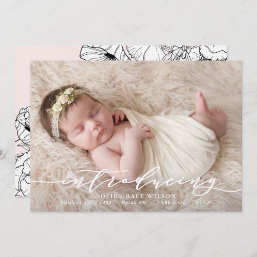 赤面ピンク植物写真誕生のお知らせI 案内状 (正面/裏面)