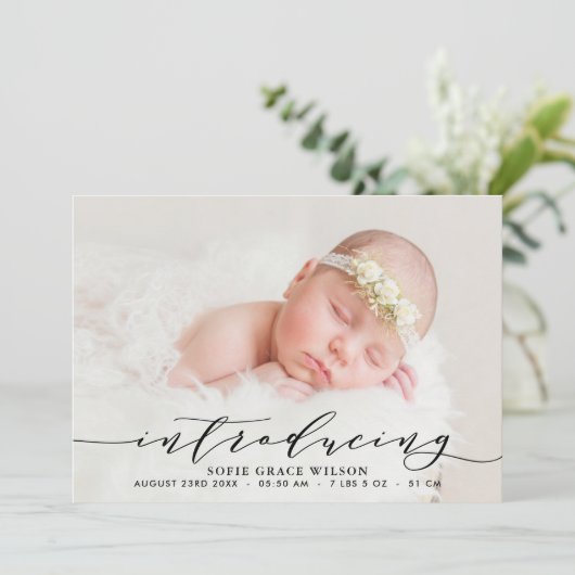 赤面ピンク植物写真誕生のお知らせII 案内状 (スタンド正面)