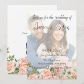 赤面ピンク植物写真QRコード結婚ズ 招待状 (正面/裏面)