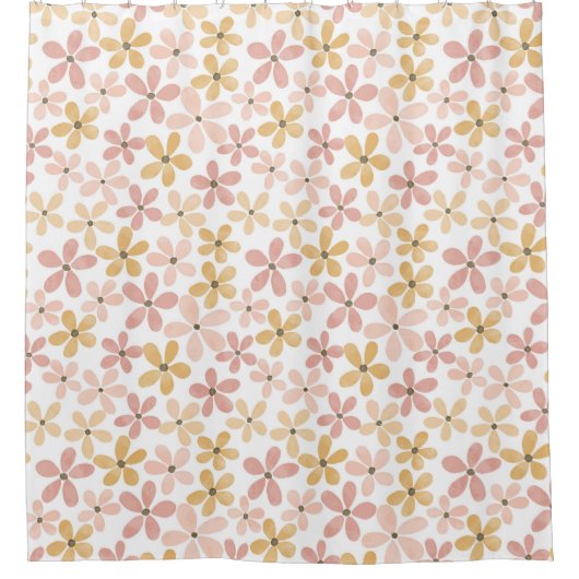 赤面ピンク水彩デイジー シャワーカーテン (正面)