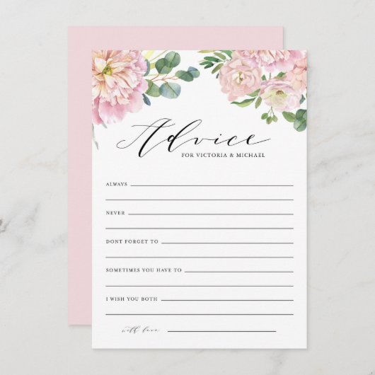 赤面ピンク水彩バラズ結婚アドバイスカード エンクロージャーカード (正面/裏面)