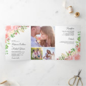 赤面ピンク水彩フローラフォトコラージュ結婚ズ 三つ折り招待状 (内部)