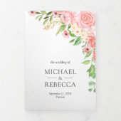 赤面ピンク水彩フローラフォトコラージュ結婚ズ 三つ折り招待状 (カバー)