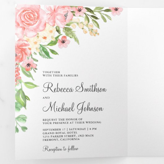赤面ピンク水彩フローラフォトコラージュ結婚ズ 三つ折り招待状 (内部最初)