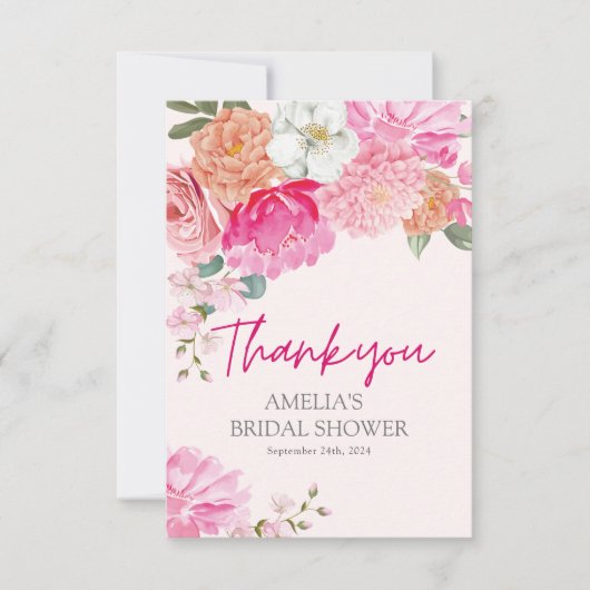 赤面ピンク水彩フローラブライダルシャワーへようこそ サンキューカード (正面)