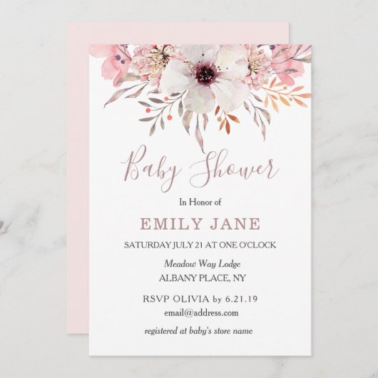 赤面ピンク水彩フローラベビーシャワー招待状 招待状 (正面/裏面)