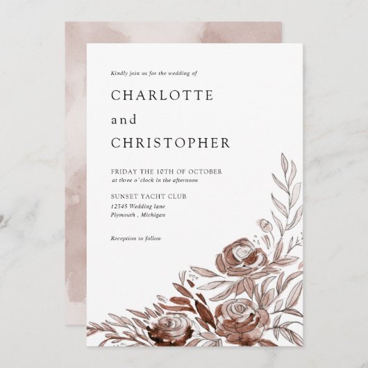 赤面ピンク水彩フローララインアート結婚ズ 招待状 (正面/裏面)