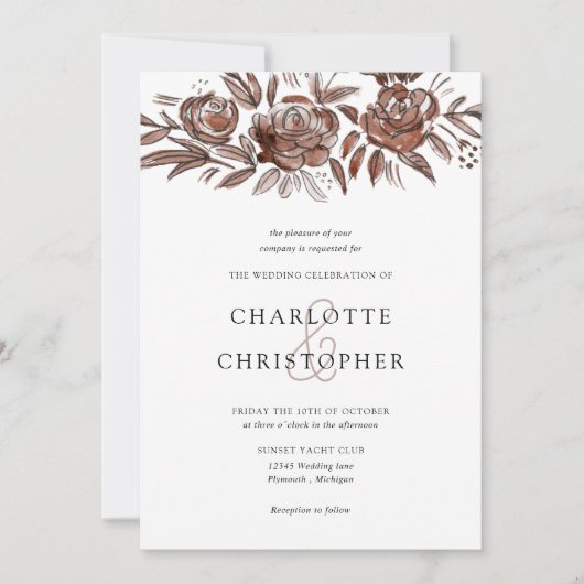 赤面ピンク水彩フローララインアート結婚ズ 招待状 (正面)