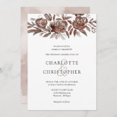 赤面ピンク水彩フローララインアート結婚ズ 招待状 (正面/裏面)