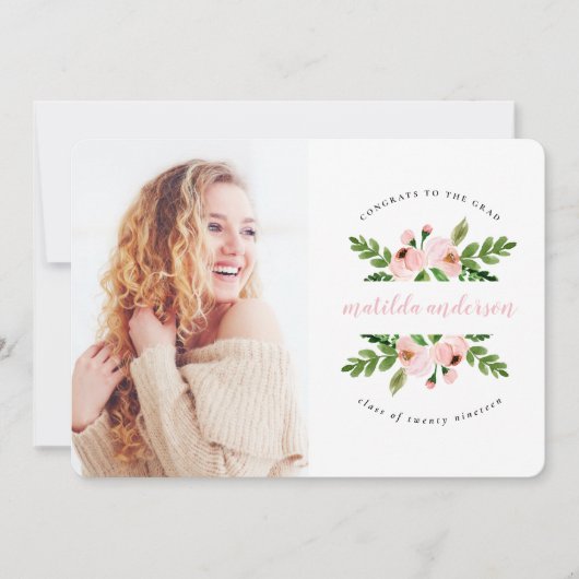 赤面ピンク水彩フローラ卒業写真 案内状 (正面)