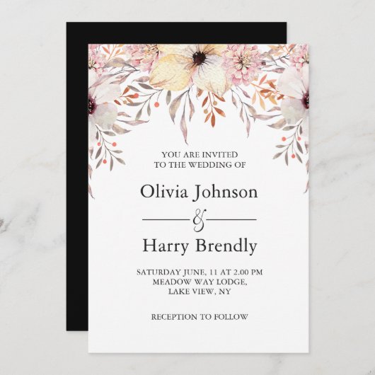 赤面ピンク水彩フローラ結婚ズ 招待状 (正面/裏面)