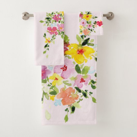 赤面ピンク水彩フローラ花 バスタオルセット (インサイチュ)