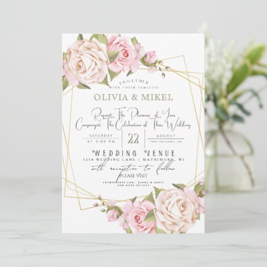 赤面ピンク水彩フローラ&フレーム金ゴールド結婚ズ 招待状 (スタンド正面)