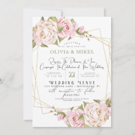 赤面ピンク水彩フローラ&フレーム金ゴールド結婚ズ 招待状
