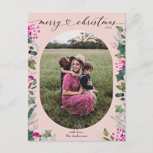 赤面ピンク水彩写真クリスマスポストカード シーズンポストカード (正面)