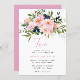 赤面ピンク水彩花とネイビー第2誕生日 招待状