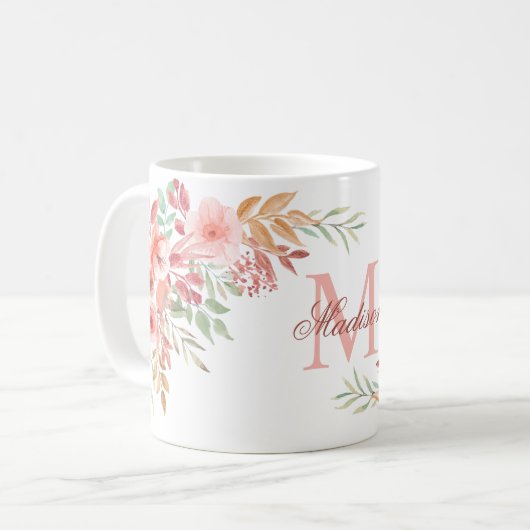 赤面ピンク水彩花カスタムモノグラム名 コーヒーマグカップ (正面左)