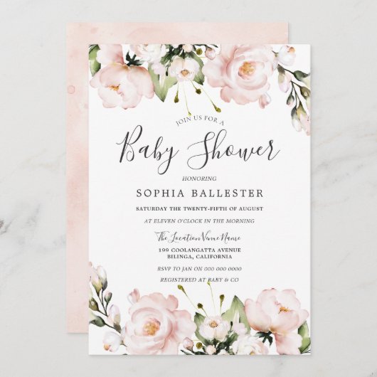 赤面ピンク水彩花赤ちゃんシャワー 招待状 (正面/裏面)