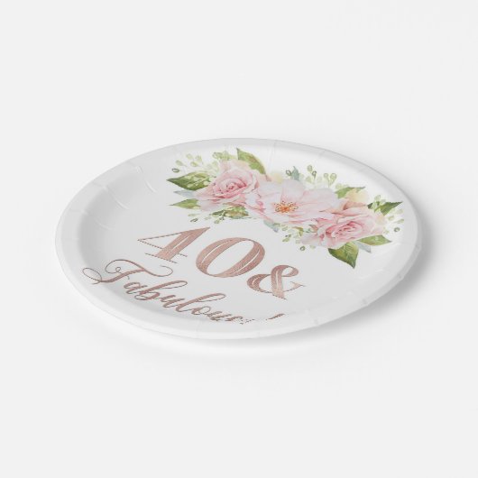 赤面ピンク水彩花40歳の誕生日パーティー ペーパープレート (アングル)