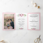 赤面ピンク水色フローラフォト結婚ズ 三つ折り招待状 (内部)