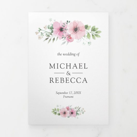 赤面ピンク水色フローラフォト結婚ズ 三つ折り招待状 (カバー)