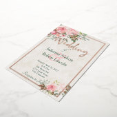 赤面ピンク水色フローラ結婚ズ 箔招待状 (回転した状態)