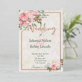 赤面ピンク水色フローラ結婚ズ 箔招待状 (立ち正面)