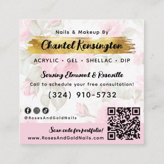 赤面ピンク水色フローラ金ゴールドみすぼらしいQRコード スクエア名刺 (裏面)