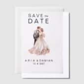 赤面ピンク灰色のフローラカップル写真Save the Date ベラム紙招待状 (オフセット)