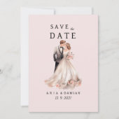 赤面ピンク灰色のフローラカップル写真Save the Date 招待状 (正面)
