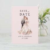 赤面ピンク灰色のフローラカップル写真Save the Date 招待状 (スタンド正面)